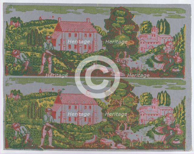 Sheet with two borders with pastoral landscapes on a gray background..., late 18th-mid-19th century. Creator: Anon.
