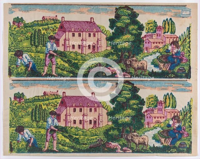 Sheet with two borders with pastoral landscapes, late 18th-mid-19th ..., late 18th-mid-19th century. Creator: Anon.