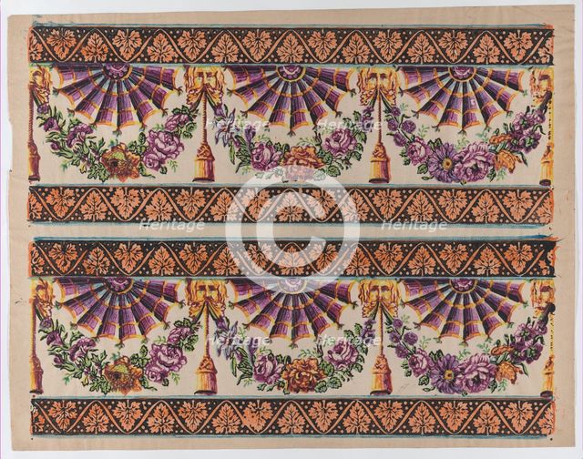 Sheet with two borders with three fans and floral garlands, late 18t..., late 18th-mid-19th century. Creator: Anon.
