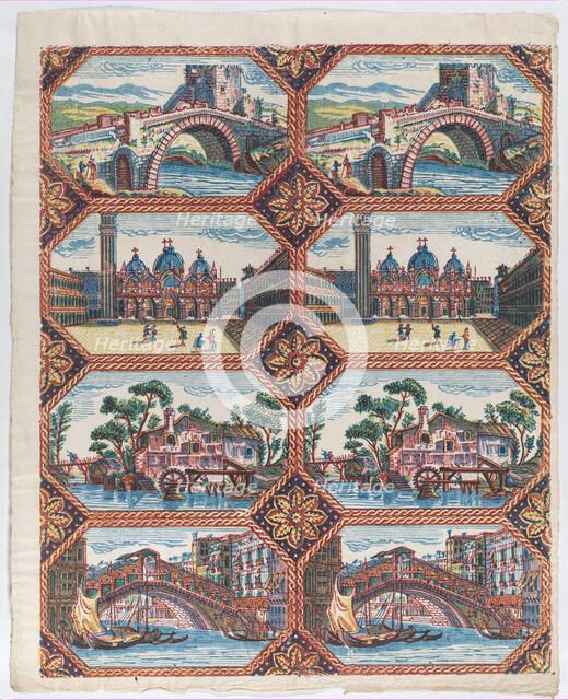Sheet with two borders with Venetian landscapes, late 18th-mid-19th ..., late 18th-mid-19th century. Creator: Anon.