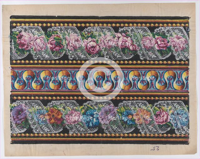 Sheet with a border with floral garlands and lace on a black backgro..., late 18th-mid-19th century. Creator: Anon.