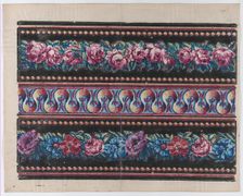 Sheet with a border with pink and multicolor floral garlands on a bl..., late 18th-mid-19th century. Creator: Anon