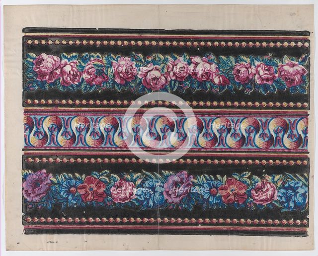 Sheet with a border with pink and multicolor floral garlands on a bl..., late 18th-mid-19th century. Creator: Anon.