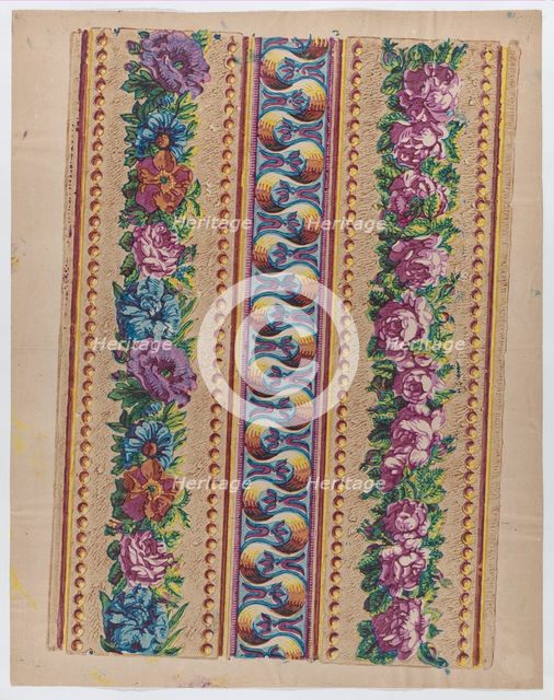Sheet with a border with pink and multicolor floral garlands, late 1..., late 18th-mid-19th century. Creator: Anon.