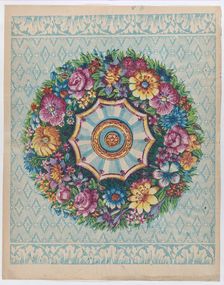 Sheet with a large floral wreath, late 18th-mid-19th century., late 18th-mid-19th century. Creator: Anon