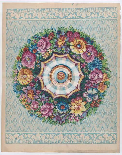 Sheet with a large floral wreath, late 18th-mid-19th century., late 18th-mid-19th century. Creator: Anon.