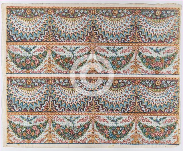 Sheet with a two borders with four hanging draperies,multicolor fest..., late 18th-mid-19th century. Creator: Anon.