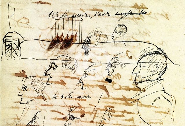 Sheet with drawing of the execution of the Decembrists, 1826-1827.