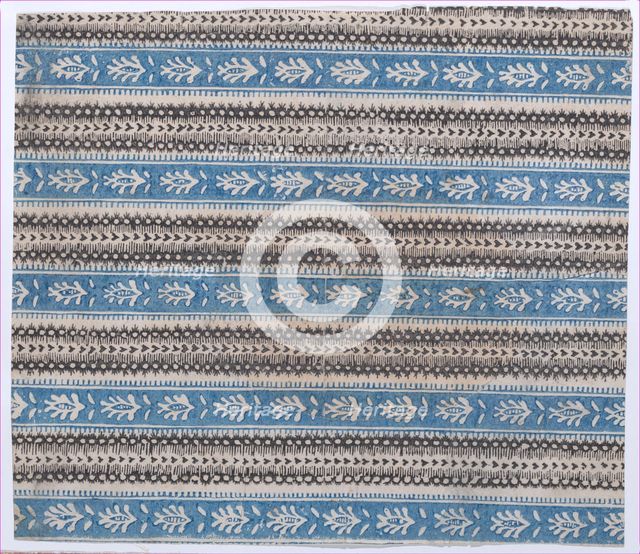 Sheet with five borders with blue and black abstract patterns, 19th century. Creator: Anon.