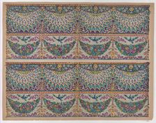 Sheet with five bouquets on a blue checkered background, late 18th-m..., late 18th-mid-19th century. Creator: Anon