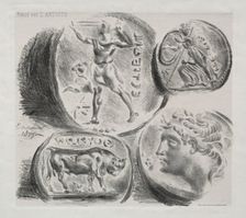 Sheet with Four Antique Medals, 1825. Creator: Eugène Delacroix (French, 1798-1863); Bertauts, R. Rodier