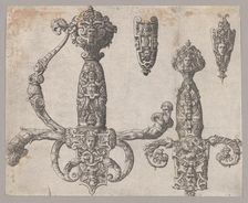 Sheet with Four Designs for Relief Decorations on Arms: Two Large Hilts for a Sword..., ca. 1550-60. Creator: Pierre Woeiriot