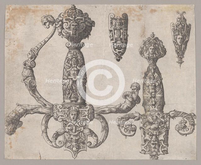 Sheet with Four Designs for Relief Decorations on Arms: Two Large Hilts for a Sword..., ca. 1550-60. Creator: Pierre Woeiriot.