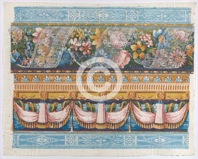 Sheet with lace atop a floral garland with drapery below, late 18th-..., late 18th-mid-19th century. Creator: Anon.
