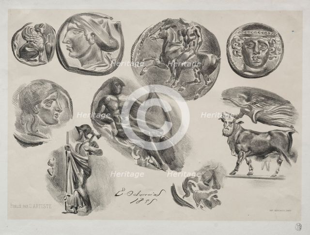 Sheet with Nine Antique Medals, 1825. Creator: Eugène Delacroix (French, 1798-1863); L'Artiste.