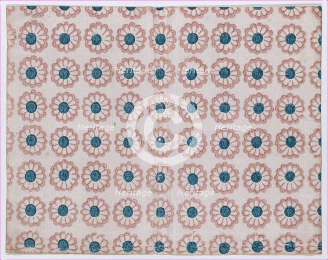 Sheet with overall pattern of pink flowers with blue centers, 19th century. Creator: Anon.