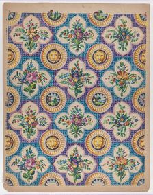 Sheet with pattern of bouquets and lion heads, late 18th-mid-19th ce..., late 18th-mid-19th century. Creator: Anon