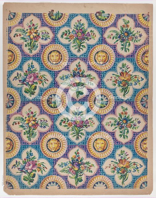 Sheet with pattern of bouquets and lion heads, late 18th-mid-19th ce..., late 18th-mid-19th century. Creator: Anon.
