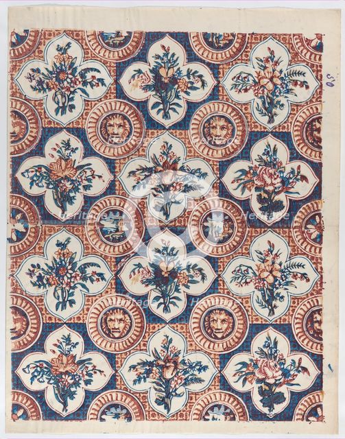 Sheet with pattern of bouquets and lion heads, late 18th-mid-19th ce..., late 18th-mid-19th century. Creator: Anon.