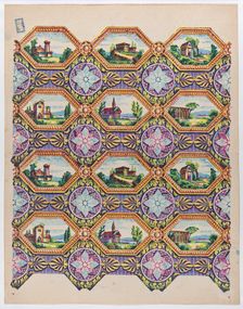 Sheet with pattern of brightly colored landscapes in hexagonal frame..., late 18th-mid-19th century. Creator: Anon
