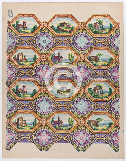 Sheet with pattern of brightly colored landscapes in hexagonal frame..., late 18th-mid-19th century. Creator: Anon.