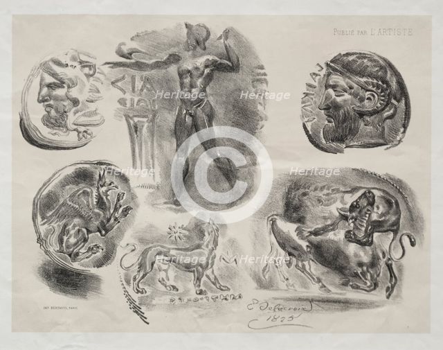Sheet with Six Antique Medals, 1825. Creator: Eugène Delacroix (French, 1798-1863); Bertauts.