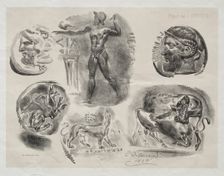 Sheet with Six Antique Medals, 1825. Creator: Eugène Delacroix (French, 1798-1863); Bertauts