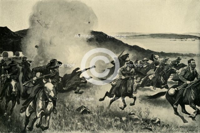 'Shell from the Naval Brigade Dispersing Boers from Behind the Seven Sisters Kopjes',1900. Creator: Sidney E Paget.