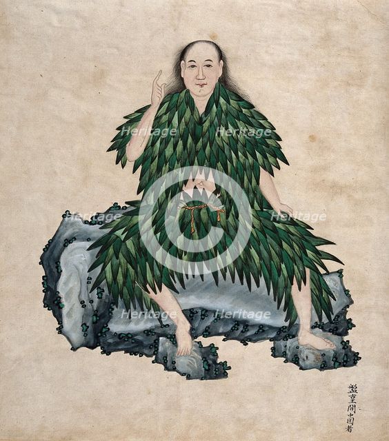 Shen Nung seated on a rock, wearing simple garments fashioned from leaves, 1800-1899. Creator: Unknown.