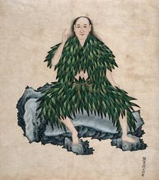 Shen Nung seated on a rock, wearing simple garments fashioned from leaves, 1800-1899. Creator: Unknown