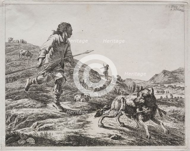 Shepherd Chasing a Wolf, 1803. Creator: Adam von Bartsch (Austrian, 1757-1821).