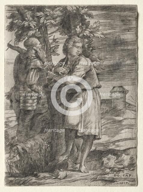 Shepherd and Old Warrior, 1517. Creator: Domenico Campagnola (Italian, 1500-1564).