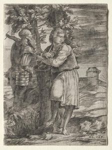 Shepherd and Old Warrior, 1517. Creator: Domenico Campagnola (Italian, 1500-1564)