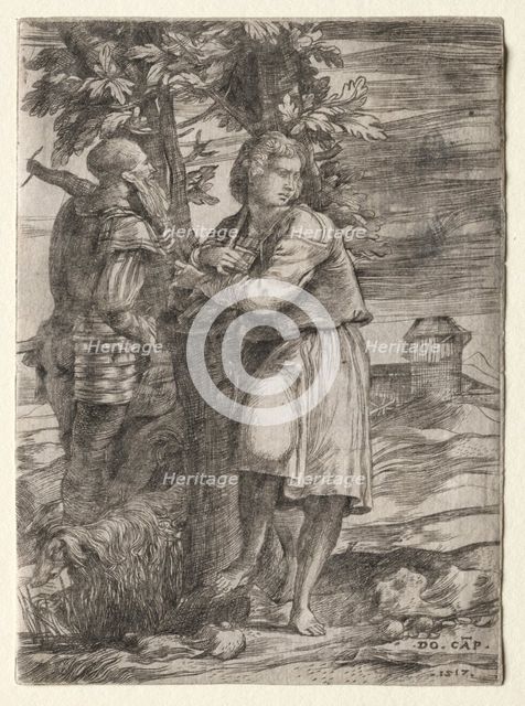 Shepherd and Old Warrior, 1517. Creator: Domenico Campagnola (Italian, 1500-1564).