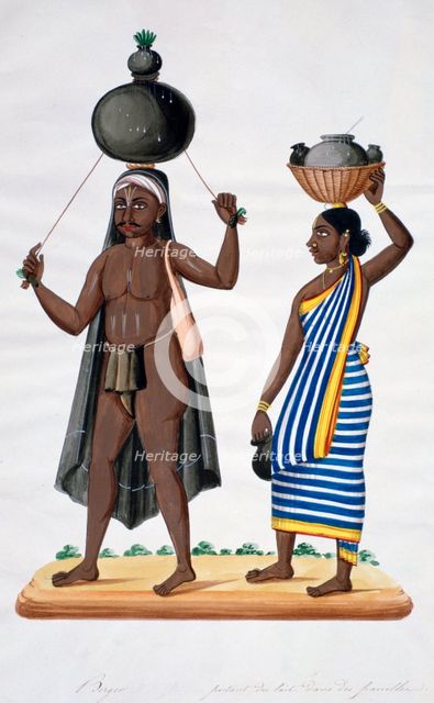 Shepherd and his wife carrying milk, India, 1834. Artist: Unknown