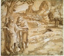 Shepherd and Piligrim in a Landscape c1550. Artist: Pirro Ligorio