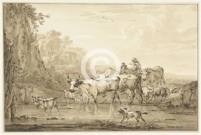 Shepherd and Shepherdess with cattle and sheep at a pool, 1766-1815. Creator: Jacob van Strij.