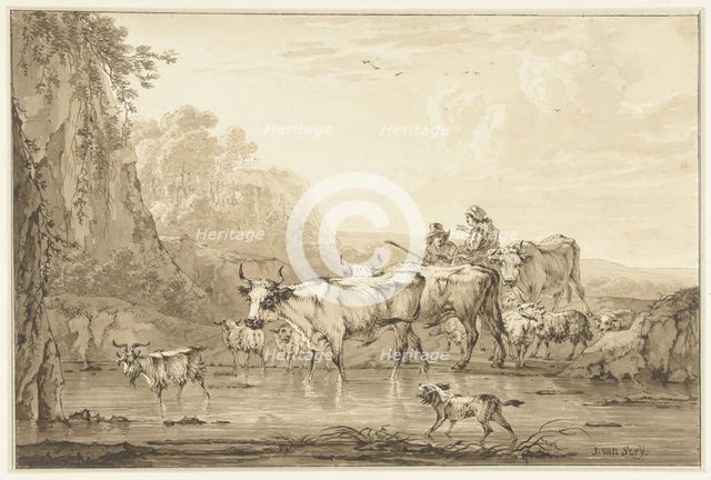 Shepherd and Shepherdess with cattle and sheep at a pool, 1766-1815. Creator: Jacob van Strij.