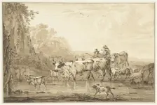 Shepherd and Shepherdess with cattle and sheep at a pool, 1766-1815. Creator: Jacob van Strij