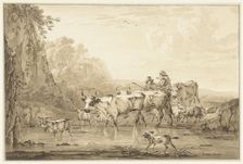 Shepherd and Shepherdess with cattle and sheep at a pool, 1766-1815. Creator: Jacob van Strij