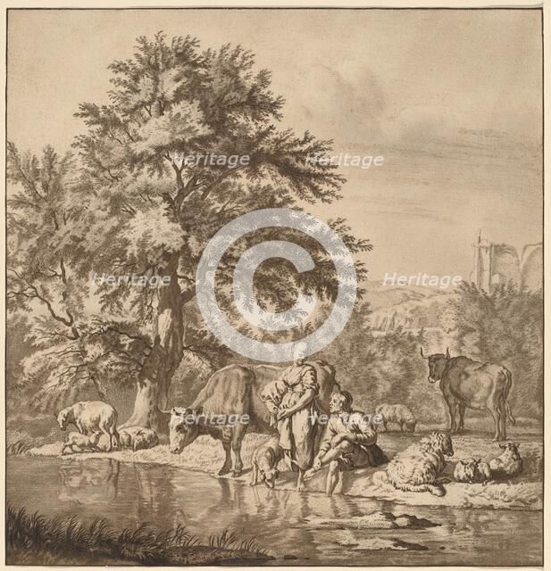 Shepherd and Shepherdess with Their Flock, 1763, published 1765. Creator: Cornelis Ploos van Amstel.