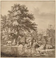 Shepherd and Shepherdess with Their Flock, 1763, published 1765. Creator: Cornelis Ploos van Amstel