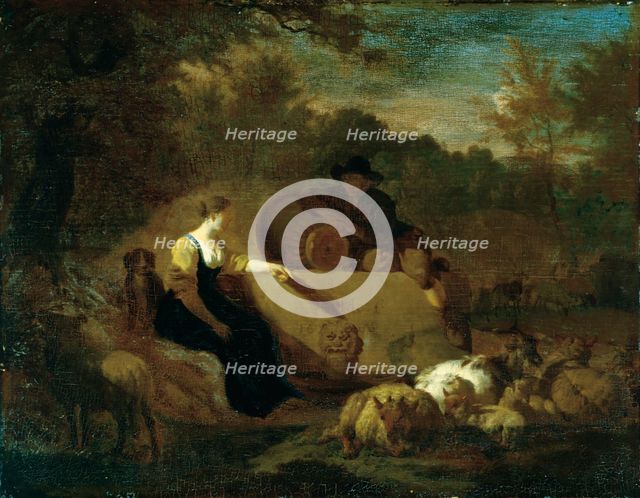 Shepherd and Shepherdess with their Flock at a Well, 1668. Creator: Adriaen van de Velde.