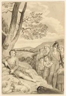 Shepherd Boy with Flock, Watched by Warrior, Women and Children, n.d. Creator: Unknown