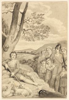 Shepherd Boy with Flock, Watched by Warrior, Women and Children, n.d. Creator: Unknown