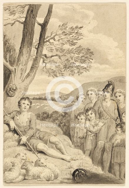 Shepherd Boy with Flock, Watched by Warrior, Women and Children, n.d. Creator: Unknown.