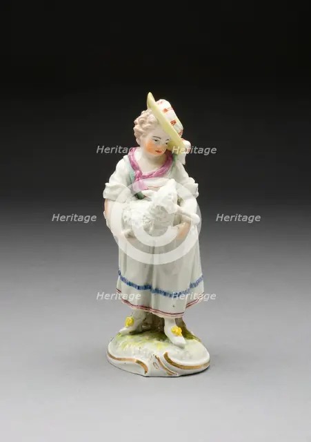 Shepherd Girl Holding Sheep, Frankenthal, c. 1770. Creator: Frankenthal Porcelain Factory.