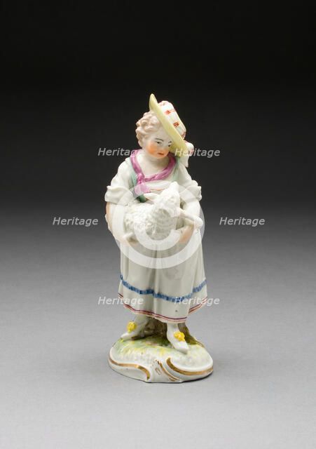 Shepherd Girl Holding Sheep, Frankenthal, c. 1770. Creator: Frankenthal Porcelain Factory.