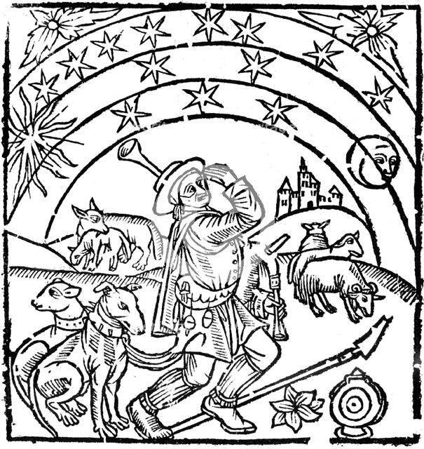 Shepherd guarding his flock at night, early 16th century. Artist: Unknown