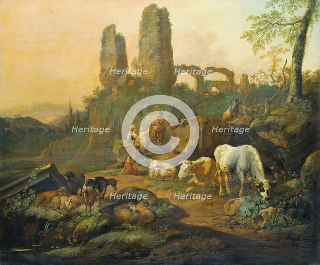 Shepherd Family Resting near an Ancient Ruin, 1680. Creator: Johann Heinrich Roos.